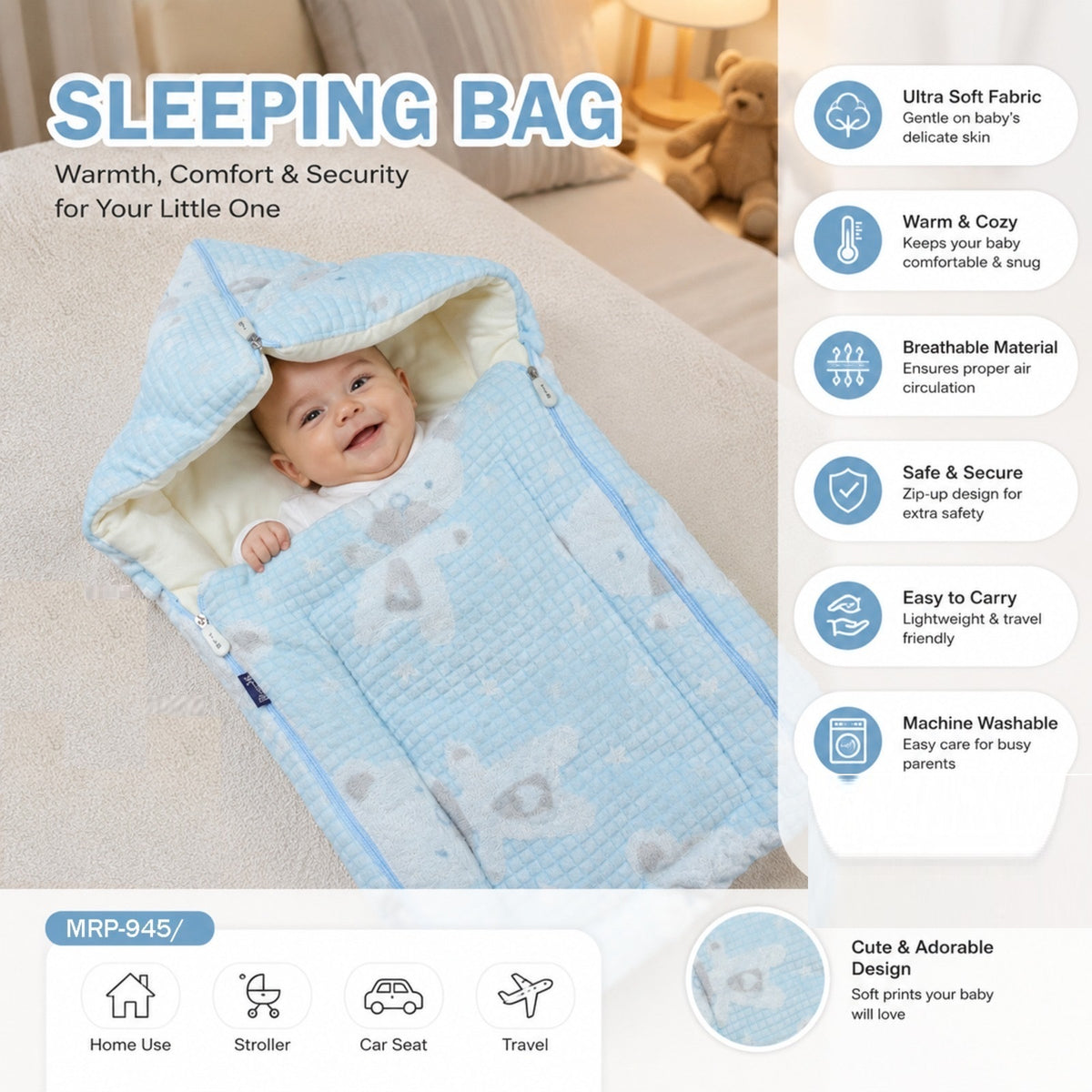 Baby Sleeping Bag with Hood, Zip-up, Soft & Breathable Fabric