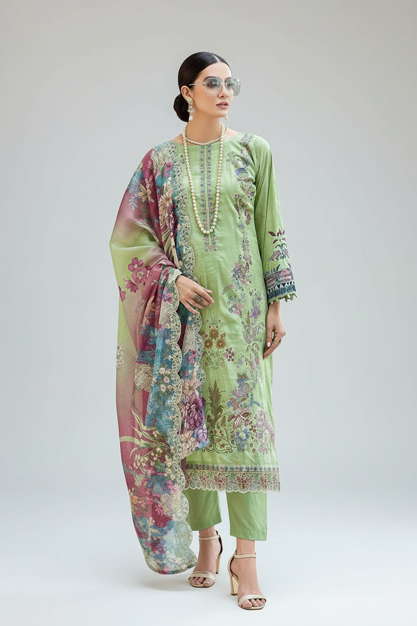 A fashion catalog page showing a model outdoors wearing a light green three-piece outfit with a floral dupatta, alongside a smaller inset of the same outfit in a pink floral print. The page includes the brand name Pakiza, the collection name Fariah Vol-03, and product details at the bottom.