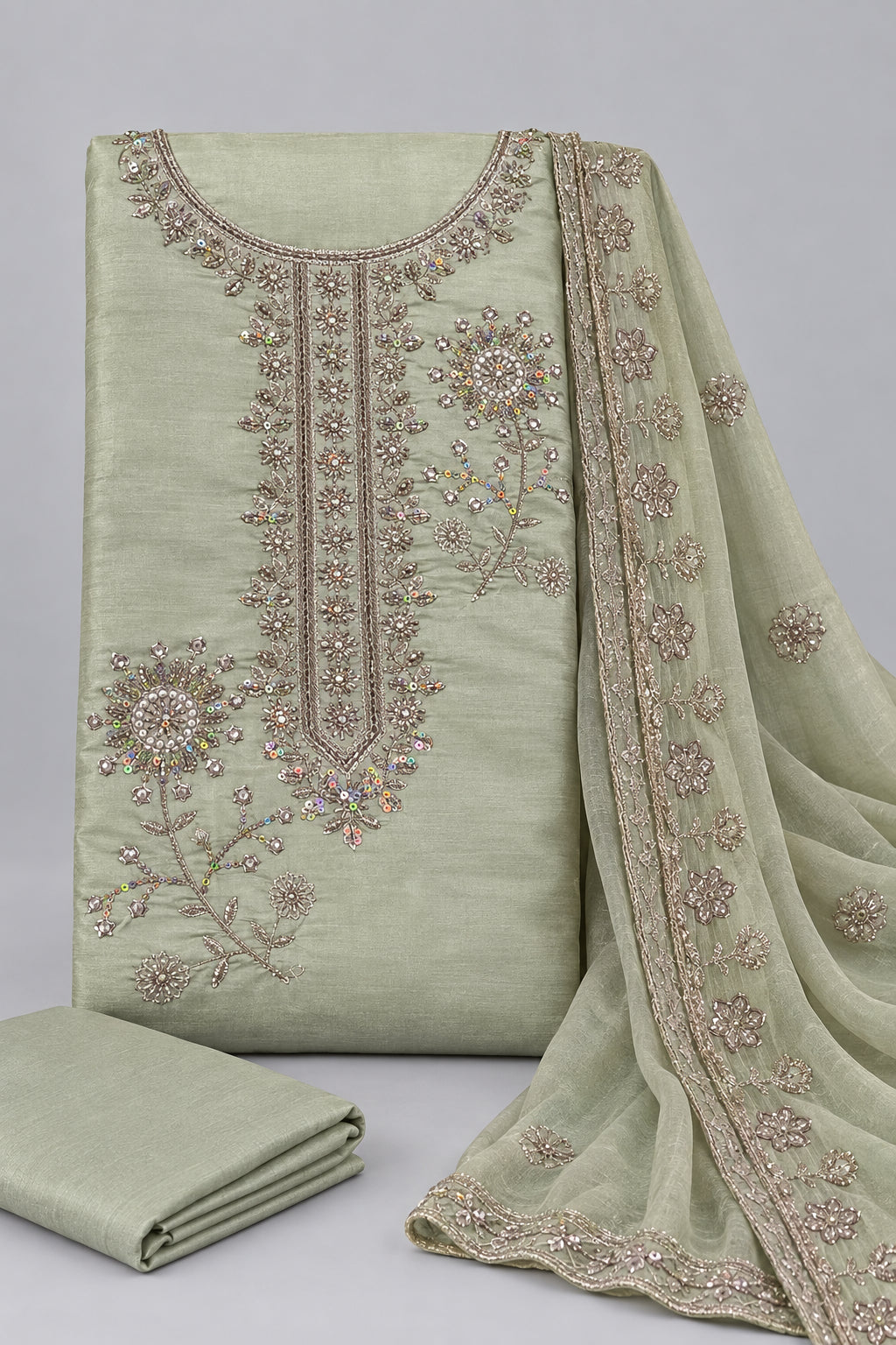 Chanderi Silk blend Mint Green Unstitches suit