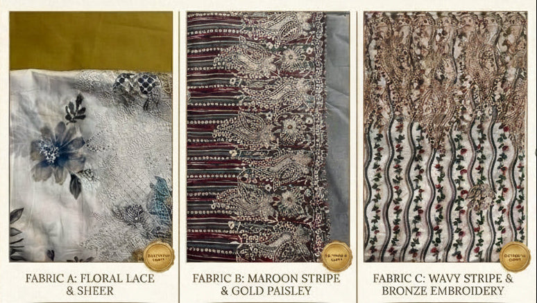 A catalog-style sheet showing six different embroidered fabric panels arranged in a 2x3 grid under the heading 'PREMIUM ETHNIC FABRICS COLLECTION - 2024.' Each panel includes a fabric name, material description, measurements, and a small gold badge.