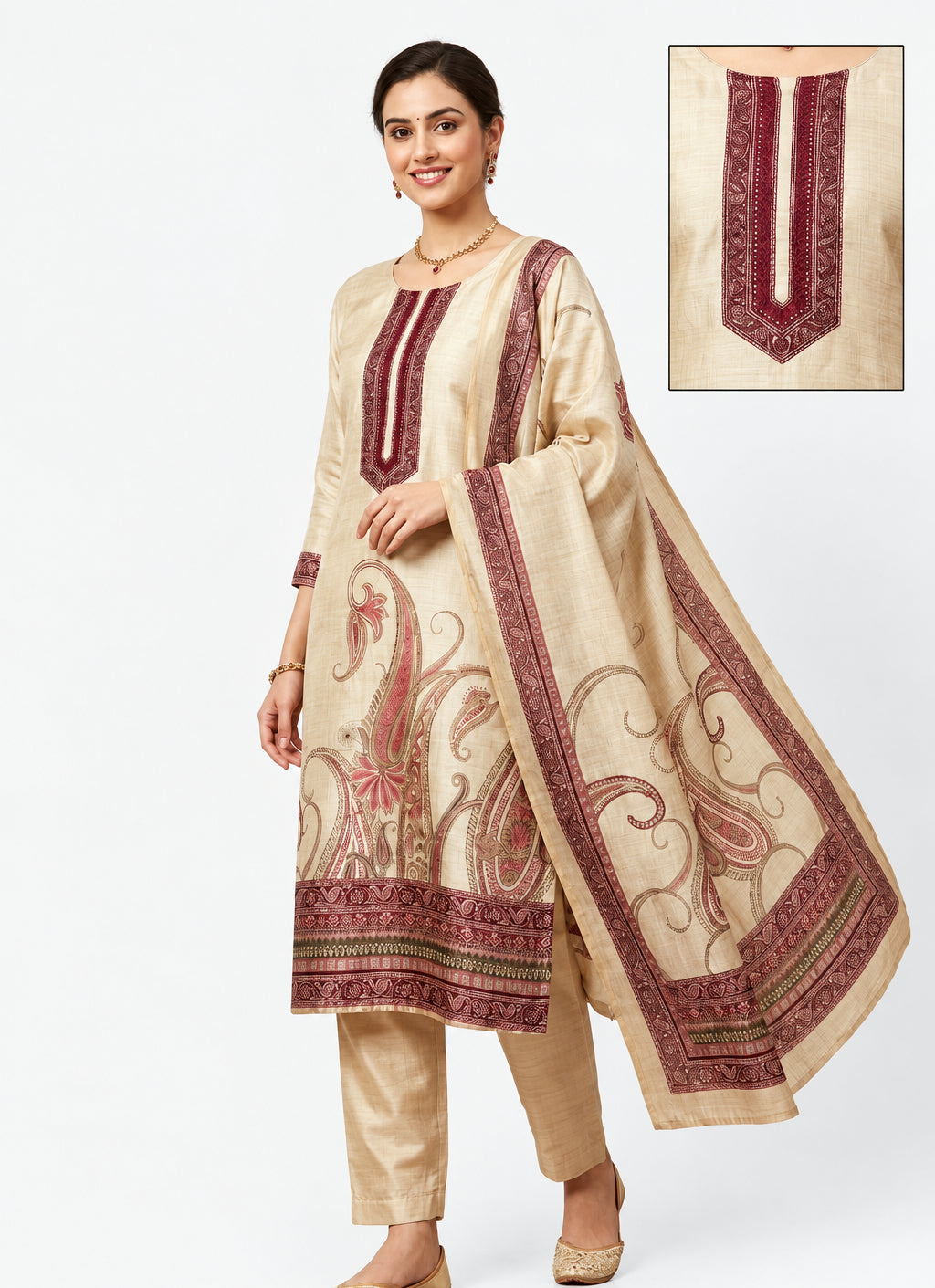 Assam Silk Beige Unstitched Suit with Dupatta