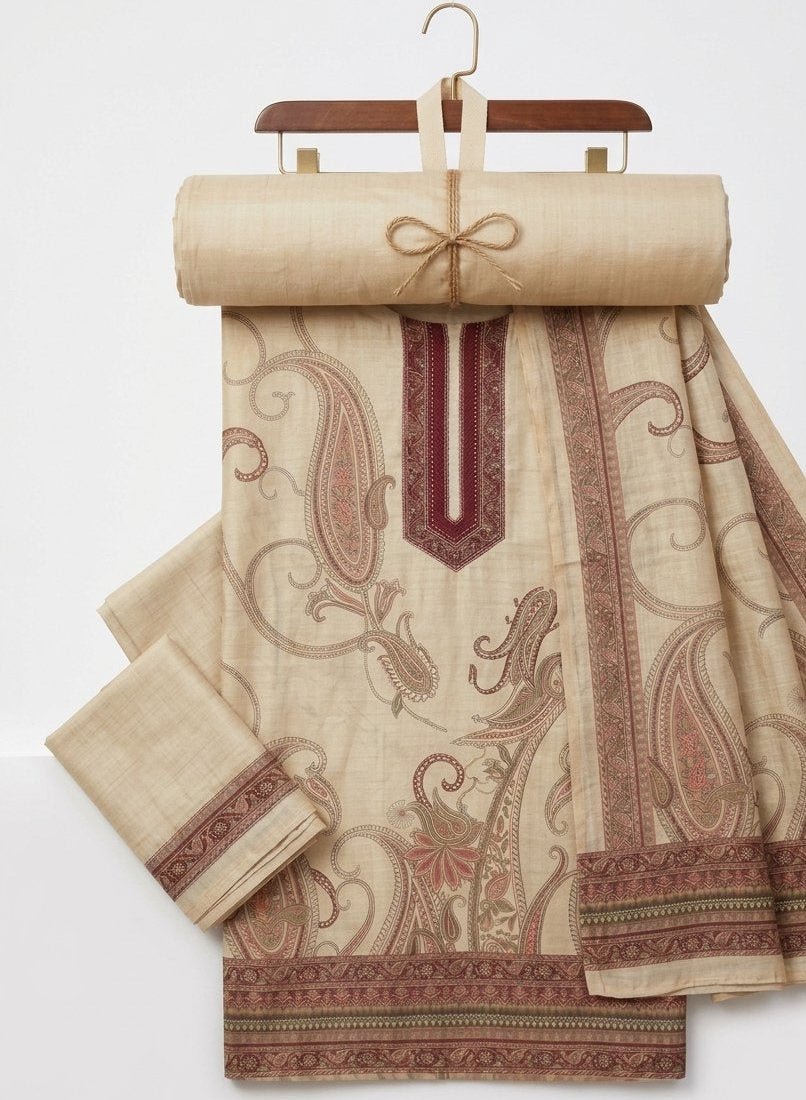 Assam Silk Beige Unstitched Suit with Dupatta