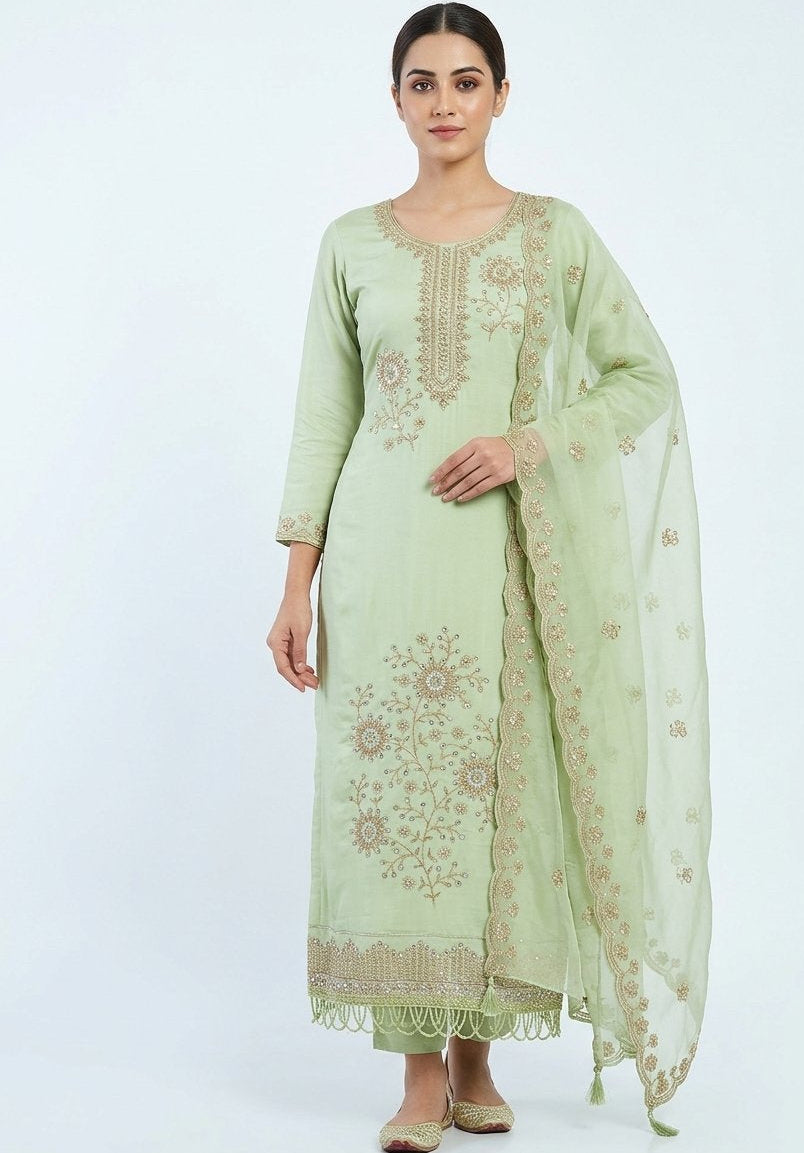 Chanderi Silk blend Mint Green Unstitches suit