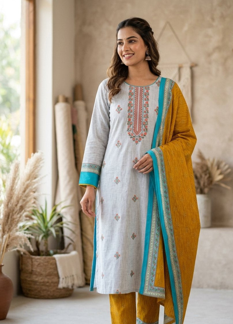 Pure Cotton Printed Suit with Neck Embroidery