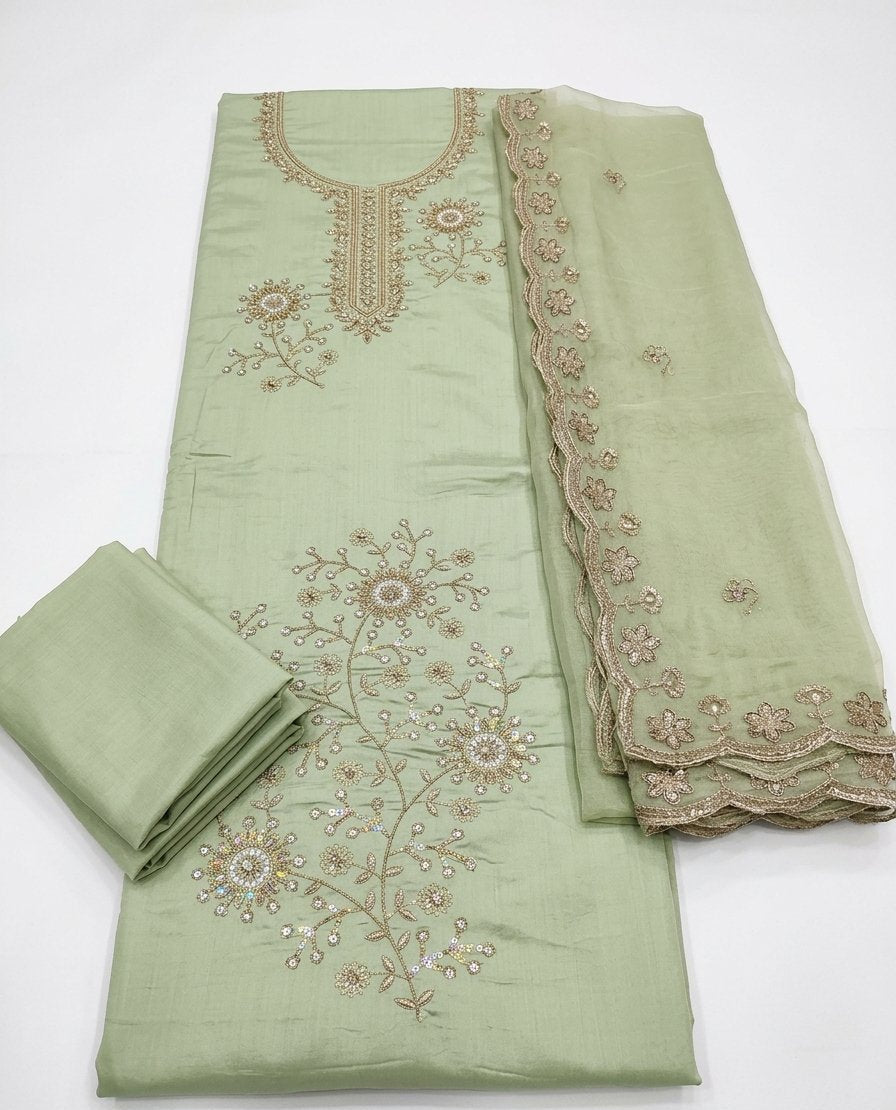 Chanderi Silk blend Mint Green Unstitches suit