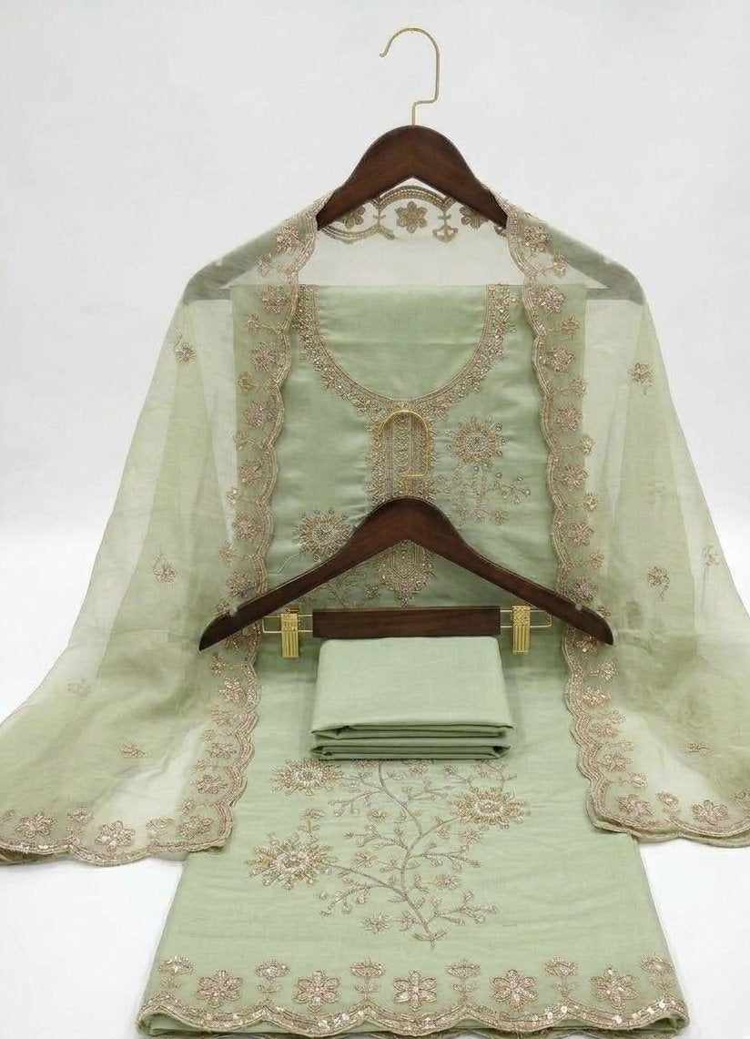 Chanderi Silk blend Mint Green Unstitches suit