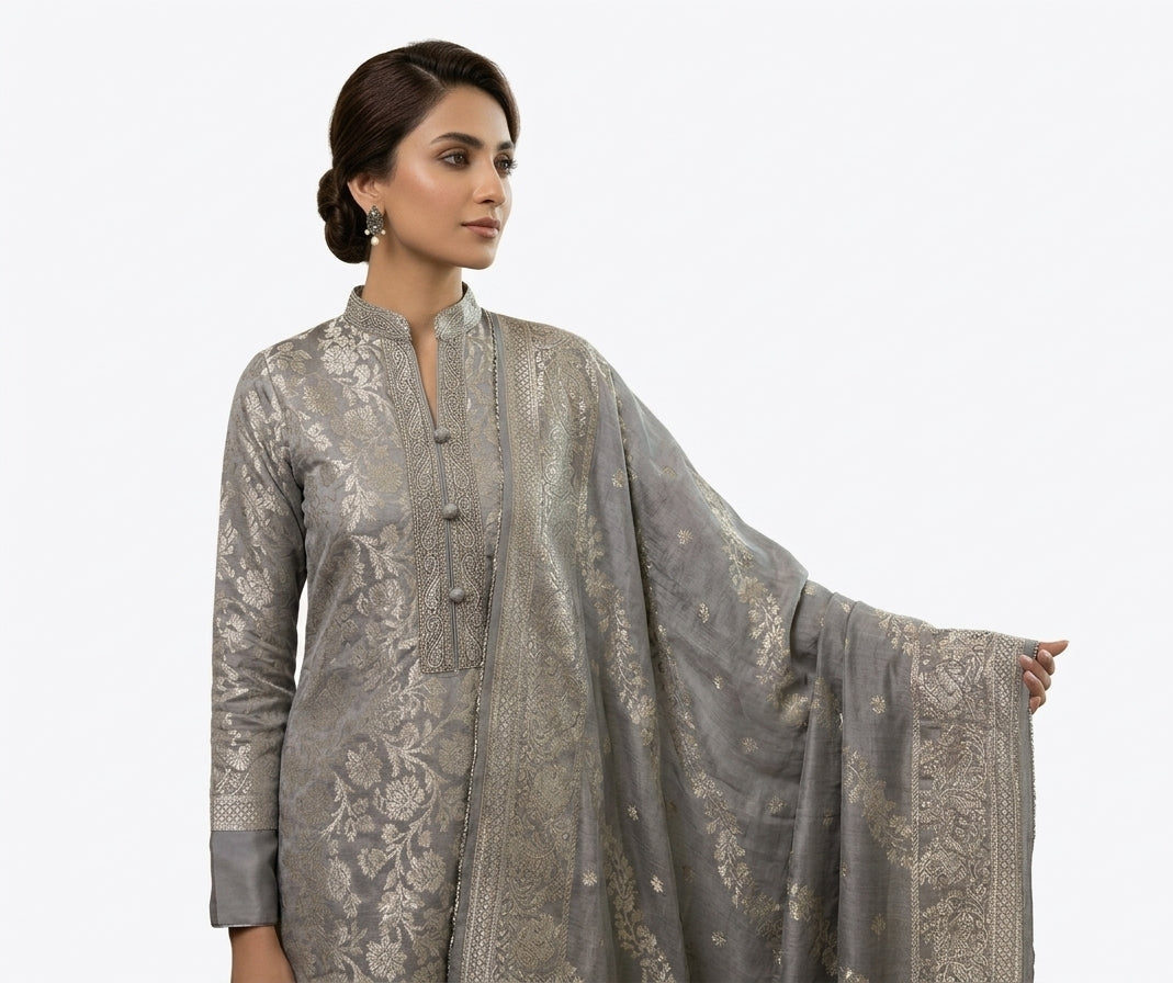 Pure Banarasi Silver Suit