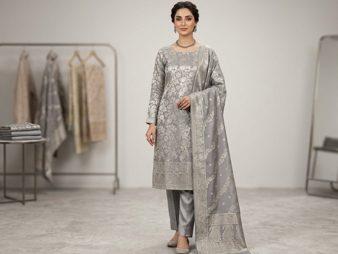 Pure Banarasi Silver Suit
