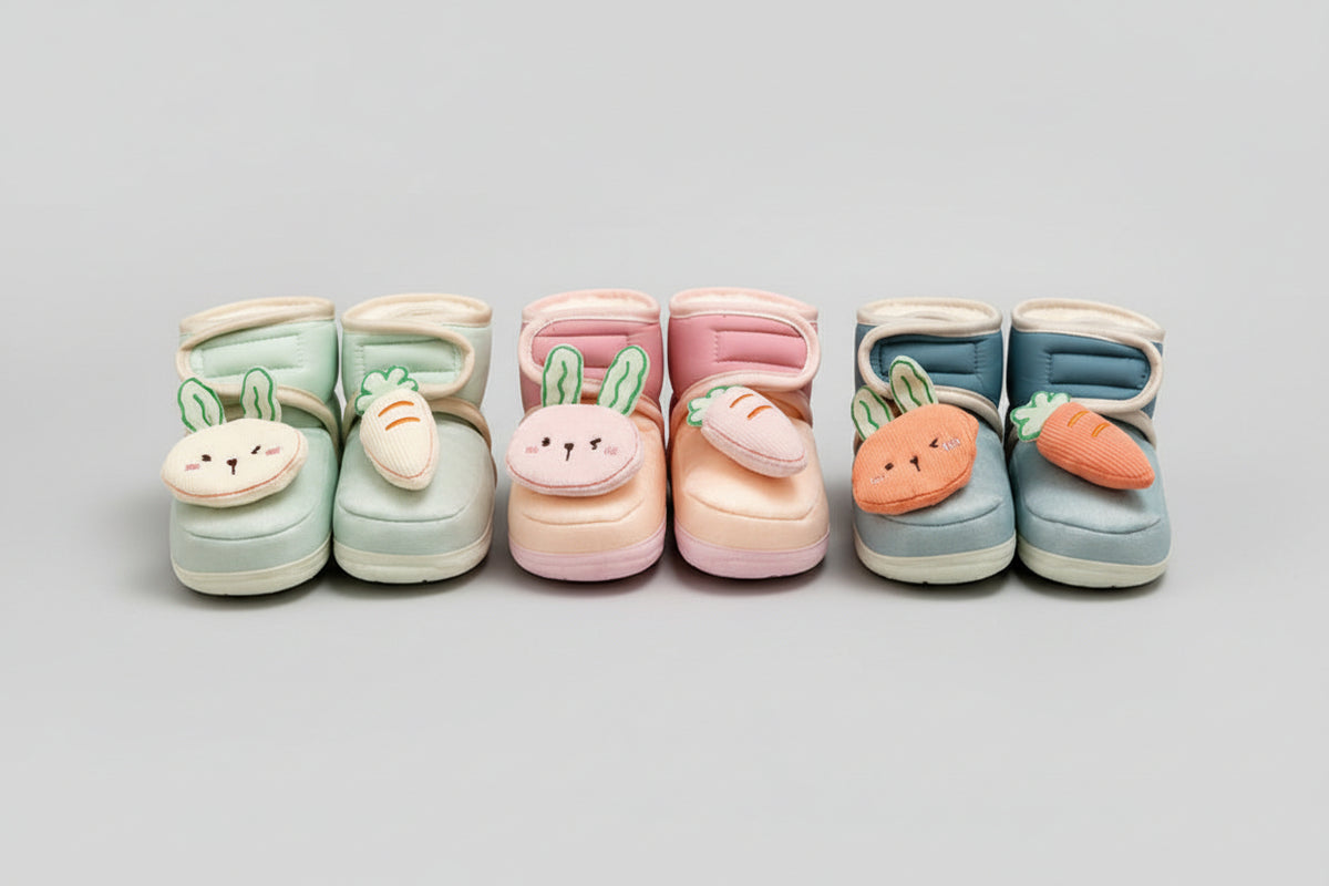 A collage showing a 9-piece set of baby winter boots with soles in pastel colors, including mint green, light blue, peach, and pink. The image includes close-up views of the boots, a packaged set, and a baby wearing the boots.